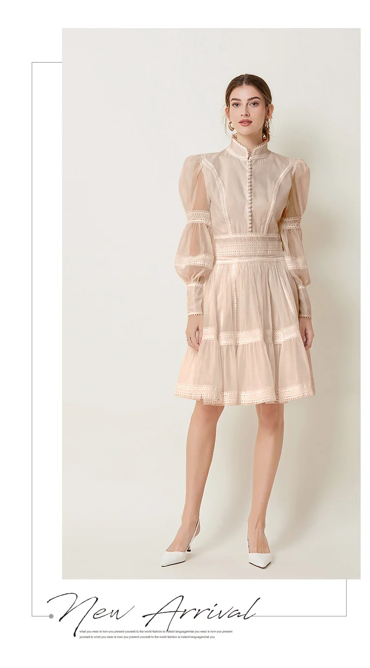 2024 French Elegant Lace Splicing Waist Lantern Sleeve Dress Vintage High Collar Princess Dress Organza Cocktail Women's Wear