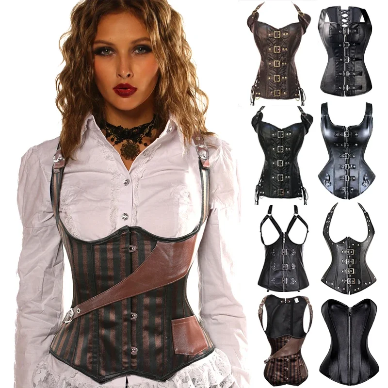 

Steampunk Corset Top Women Corset Sexy Bustier Gothic Corselet Overbust Leather Bustier Waist Trainer Plus Size 6xl Steel Boned