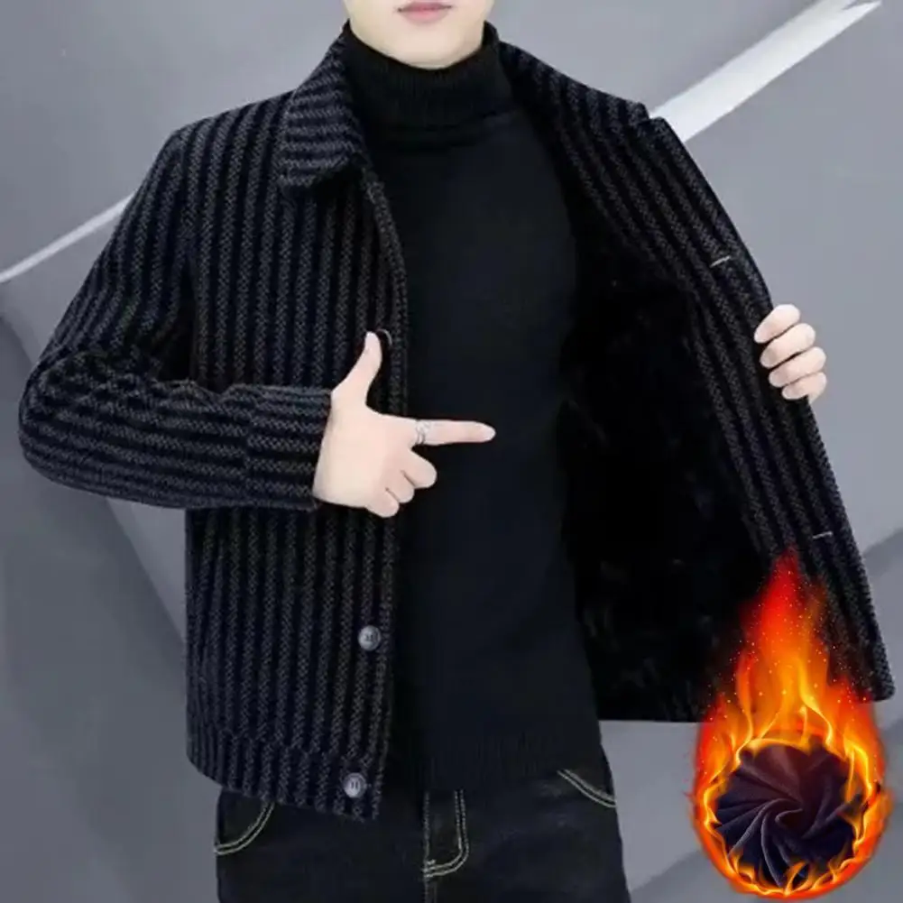 

Lapel Design Jacket Men Polyester Jacket Striped Single-breasted Men's Cardigan Coat Thick Warm Mid Length Business for Casual