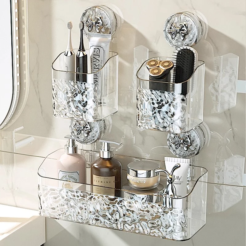 Bathroom Shelf Wall Mounted Non Perforated Suction Cup Storage Basket With Glacier Pattern For Home Storage Products 4