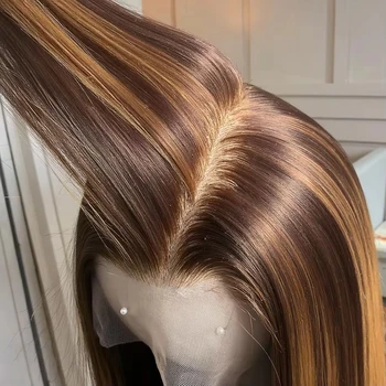 32 Inch 5x5 Straight Highlight HD Lace Front Human Hair 4x4 13x4 Lace Frontal Wigs 4/27 Ombre Honey Blonde Color Wig For Women 1
