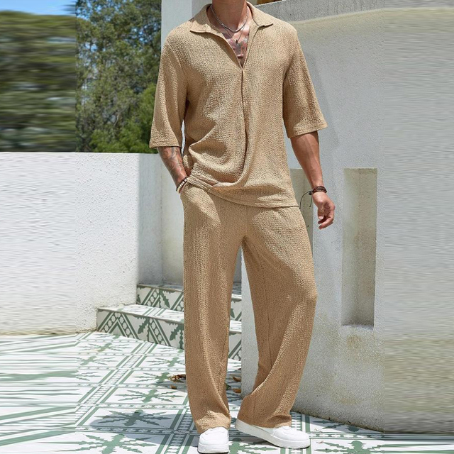 2024 Spring Summer Casual Cotton Shirts And Pants Suits Men Vintage Half Sleeve Irregular Cardigan Two Piece Sets Mens Outfits - 01 Khaki, XXL