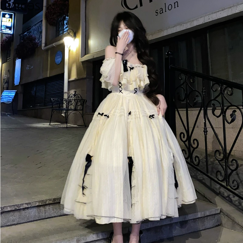 Vintage elegant Lolita dress women sweet bow high waist fairy party summer cosplay costumes French princess dress