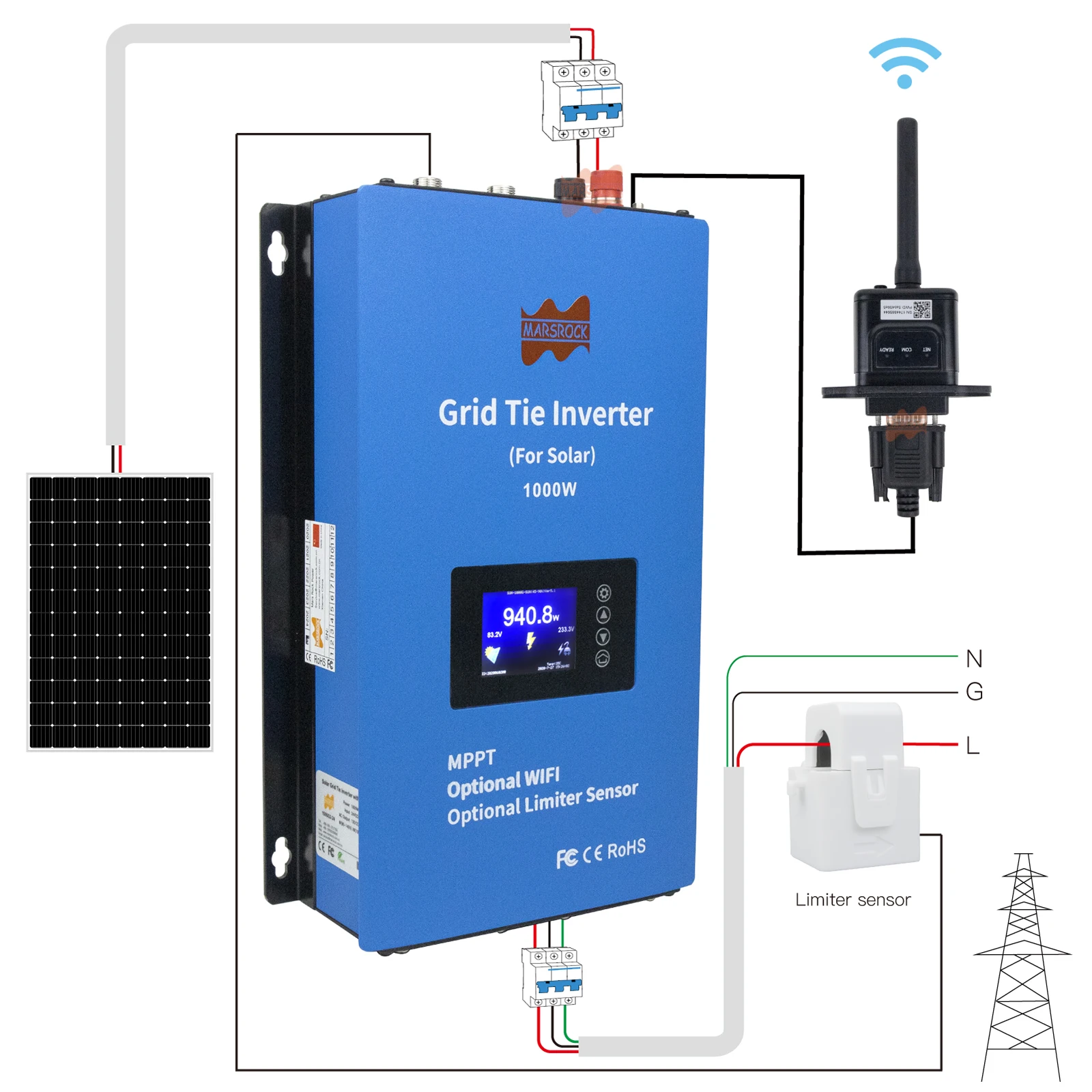 1000W Grid Tie Solar Inverter Input DC 22-60V Or 45-90V LCD Display  Internal Limiter Function WIFI Monitor MPPT Output 110/220V