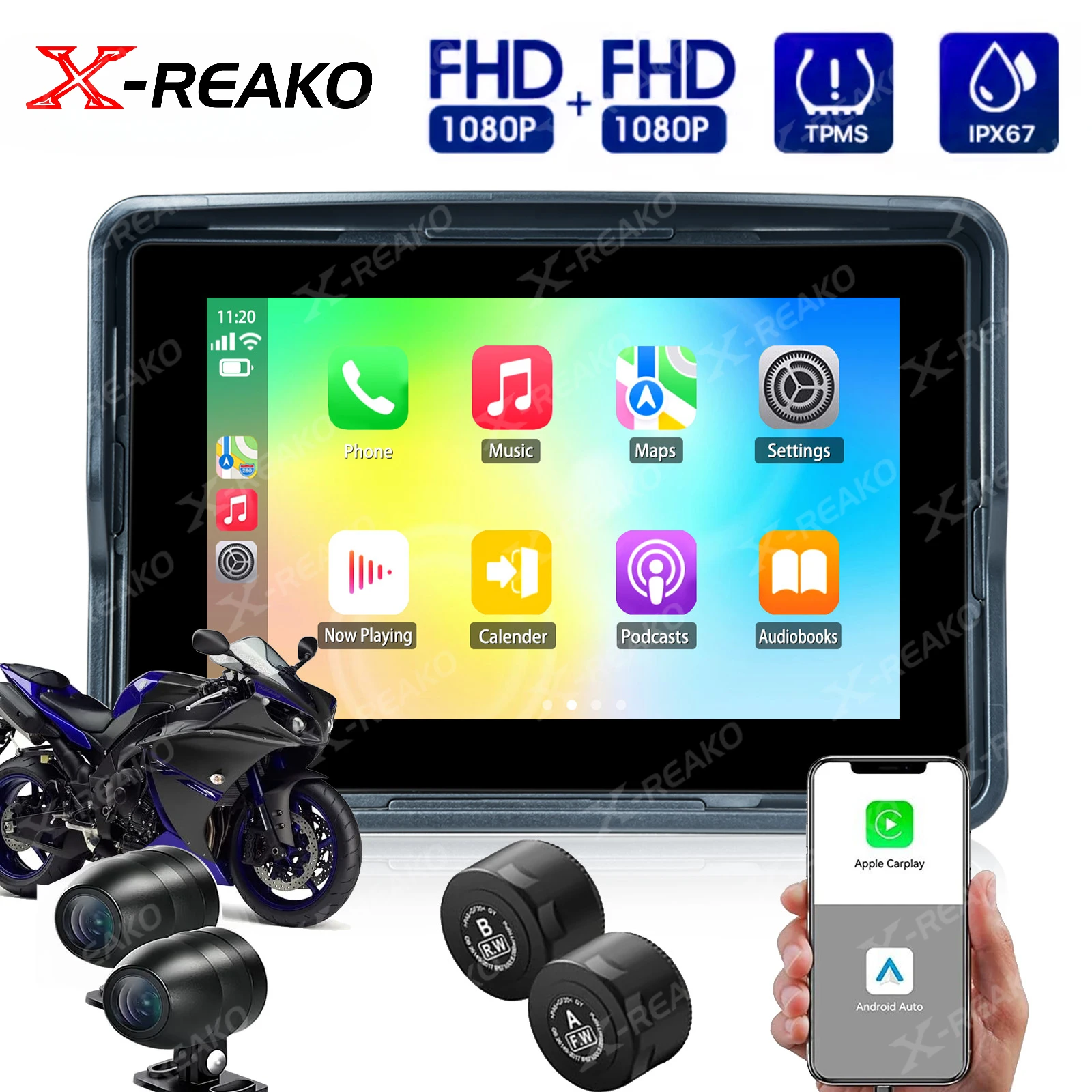 X-REAKO 5-inch Motorcycle PND Player Motorcycle Portable MP5 Waterproof Grade IPX7 DVR + TPMS Bluetooth GPS Carplay SD Card