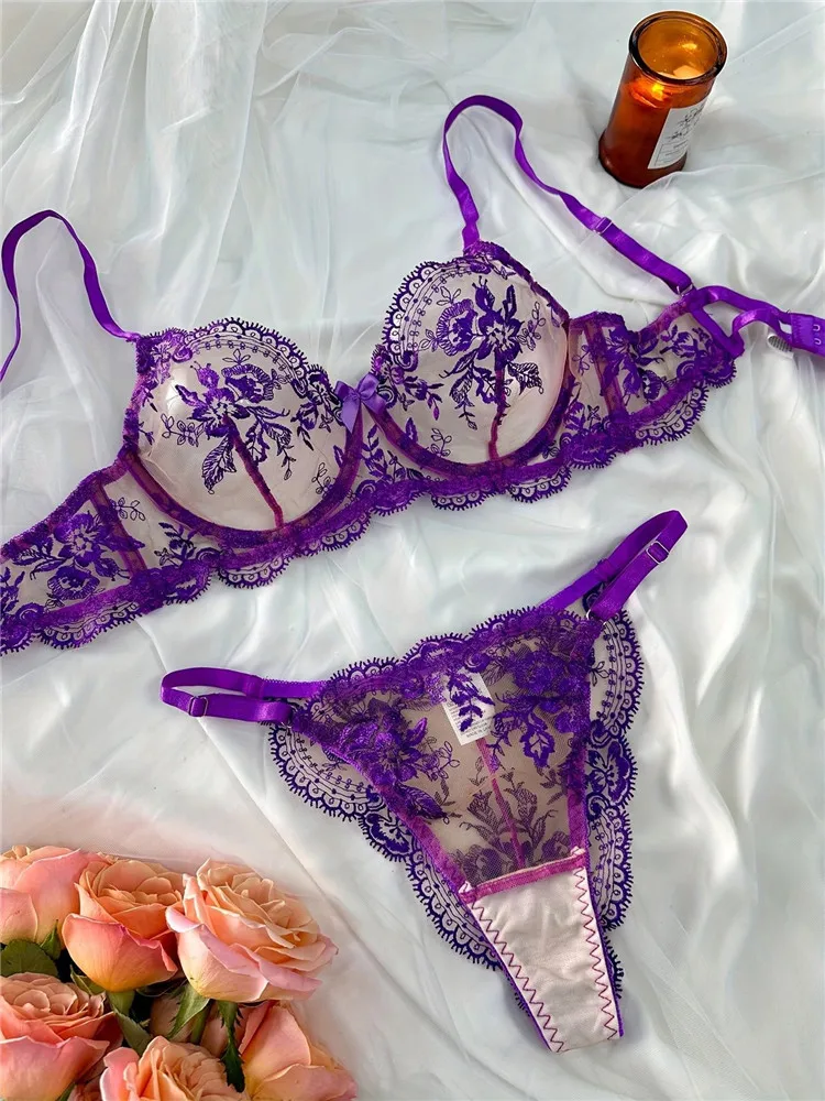 

Floral Sexy Bra Sets for Women Fancy Fairy Romantic Lingerie Lace Underwear See Through Exotic Sets Embroidery Bra Brief Set