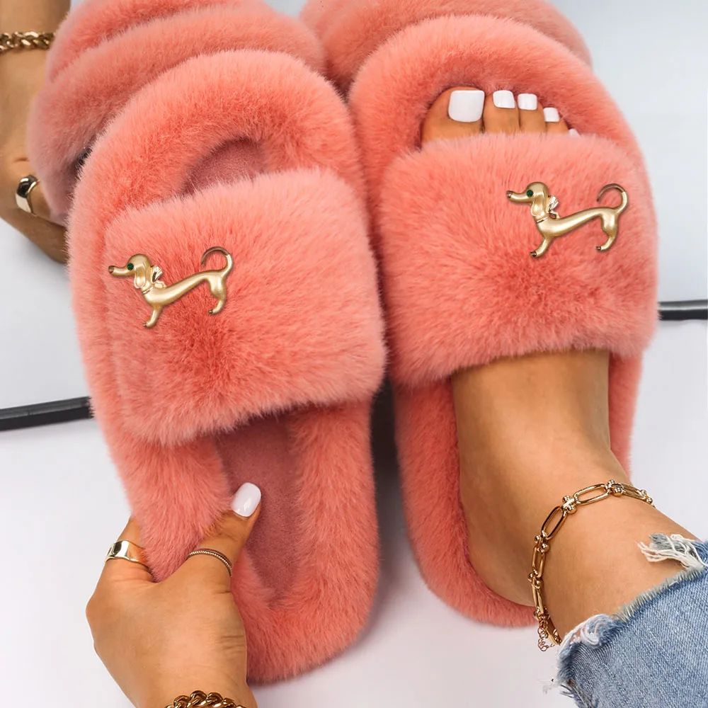 Women's Slippers Shoes Faux Fur Slides Cute Dachshund Decor Flat Sandals Designer Flip Flops Female Winter Plush Slippers 2022