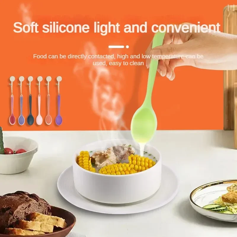 Silicone Integrated Tableware Heat Resistant Kitchen Spoons Nonstick Kitchen Mixing Flatware Kitchenware Soup Spoon Dining Bar