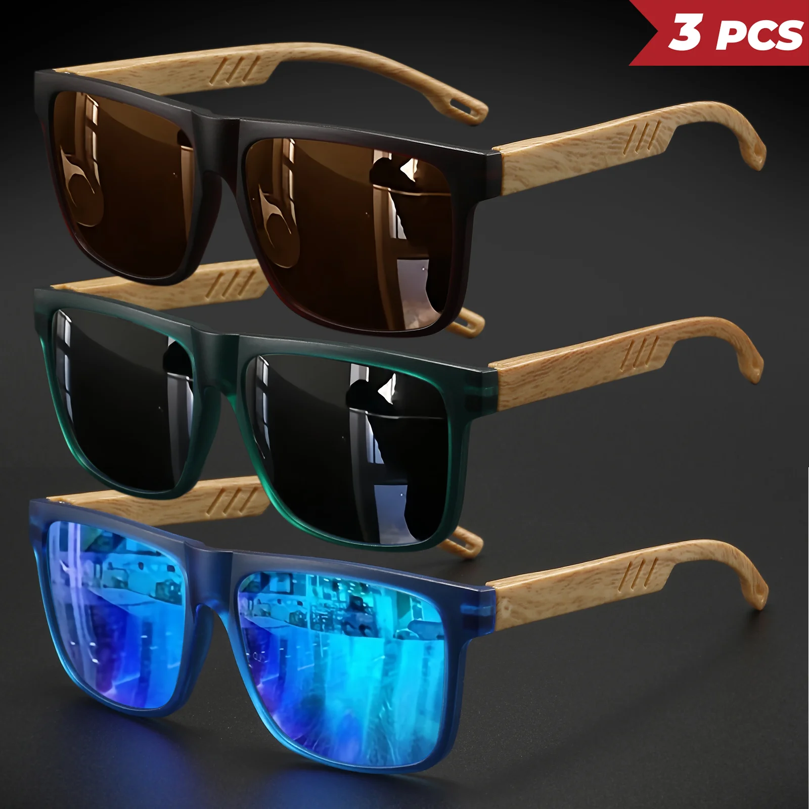 3PCS neue modische quadratische Sonnenbrille – Federscharnier mit Holzmaserung, UV400 Unisex zum Fahren, Wandern und Reisen – Detail 13
