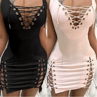 Womens Dresses 2025 New Summer Solid Color Deep V-neck Sexy Slim Fit Eyelet Lace Up Sleeveless Casual Daily Mini Dress