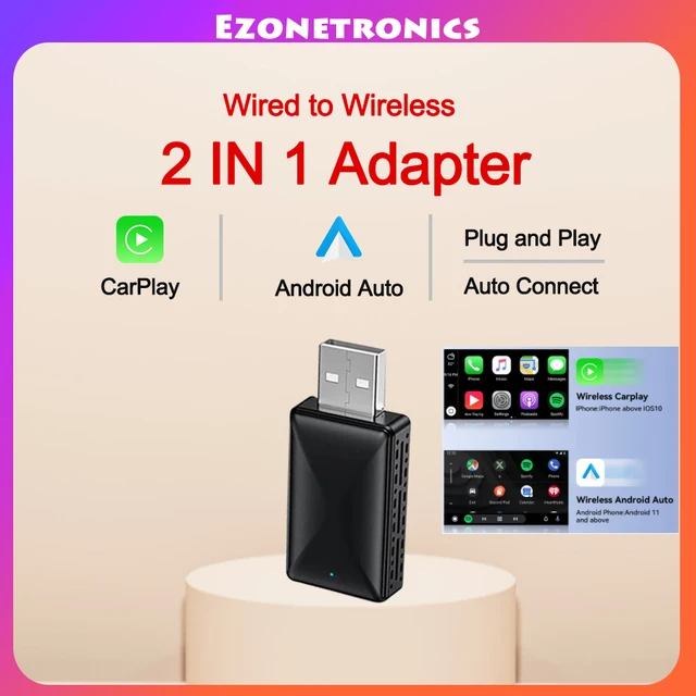 2in1 Wired to Wireless CarPlay Android Auto Adapter for OEM Car Stereo With USB Plug and Play 1