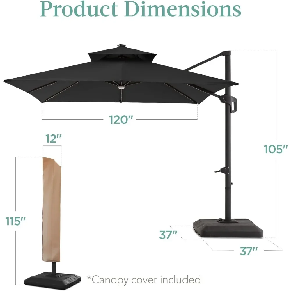 Patio Umbrella with Solar LED Lights, 10x10ft 2-Tier Square Cantilever, Fillable Base, 360 Rotation, Outdoor Sun Umbrella