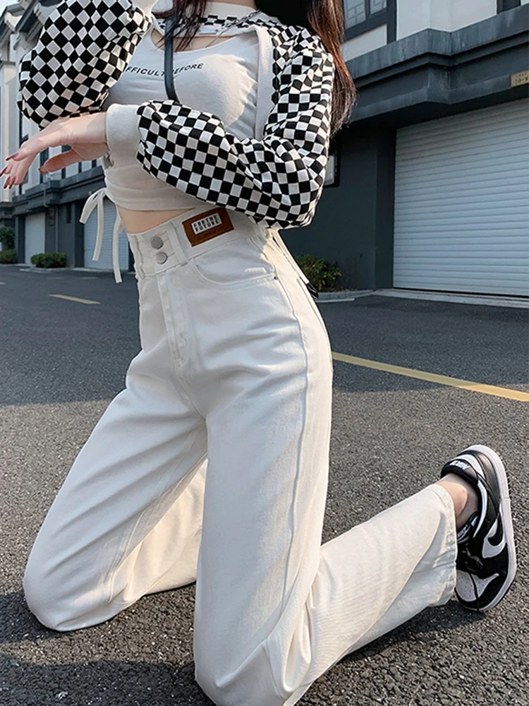Yitimoky High Waist Fashion Denim Jeans for women Wide Leg Pants Female Trousers Spring Black Grey Jeans Mon Full length Pants jeans jacket