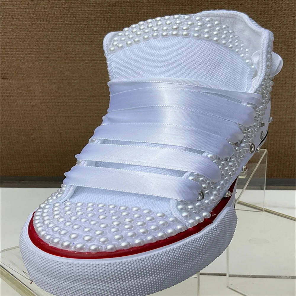 White high top pearl rhinestones ribbon style canvas shoes integrated sports casual shoes women's 35-44