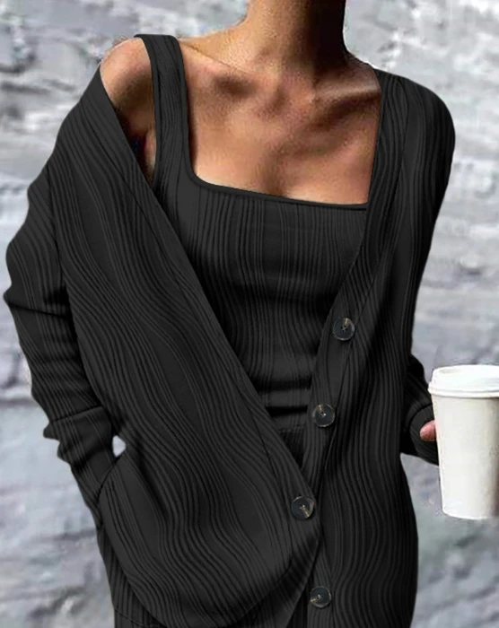 Pants Sets for Women Water Ripple Pattern Tank Sexy Top and Casual Long Sleeve Solid Jacket High Waist Loose Pants 3 Piece Set