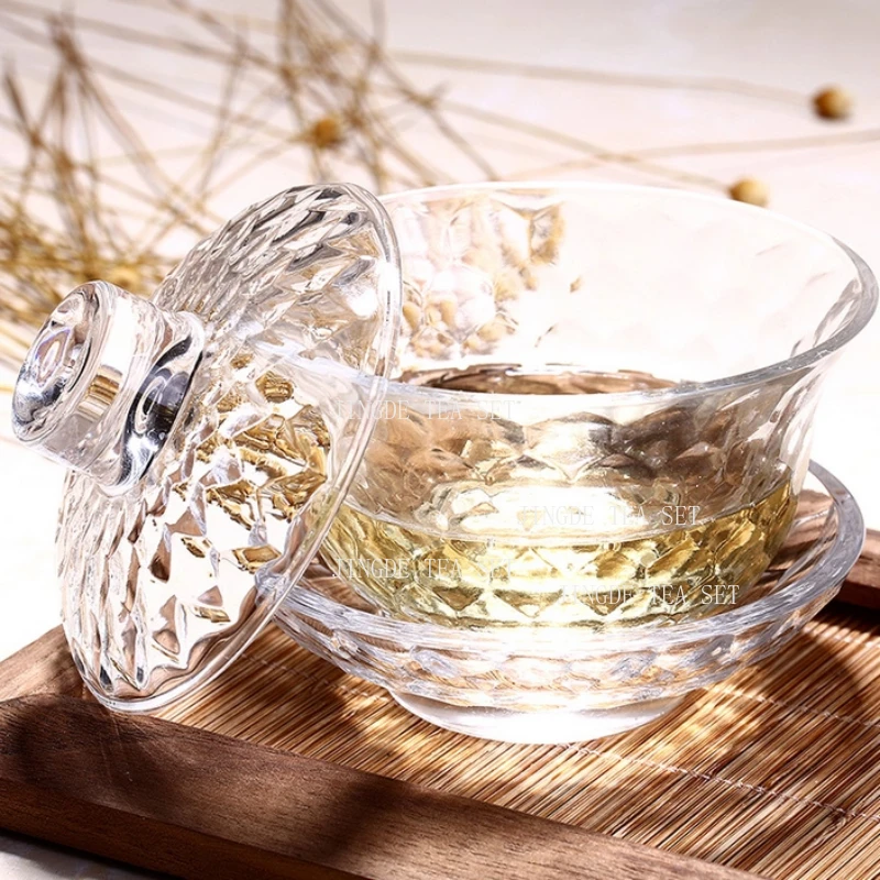150ml Glass Covered Bowl Heat Resistant Hammer Patterned Transparent Crystal San Cai Tea Bowl Teacup Drinking Utensils