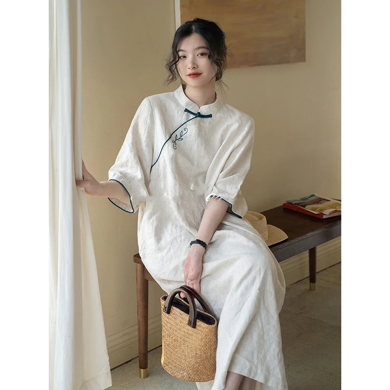 

Summer Pure Cotton Retro Embroidery New Oriental Style Improved Cheongsam Cool Feeling Loose Dress Small Stand Collar Skirt