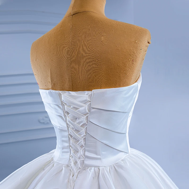 RSM67522 Satin Wedding Dress Strapless Off The Shoulder Lace Up Back Crystal Top Short Train Simple Wedding Woman Dress 6