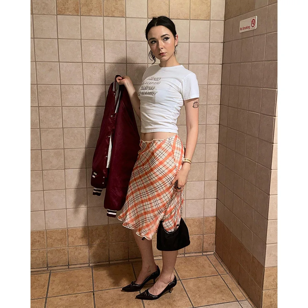 

High Quality! Orange plaid printed double layer silk bustier skirt 2022 early spring new high waist package hip fishtail skirt