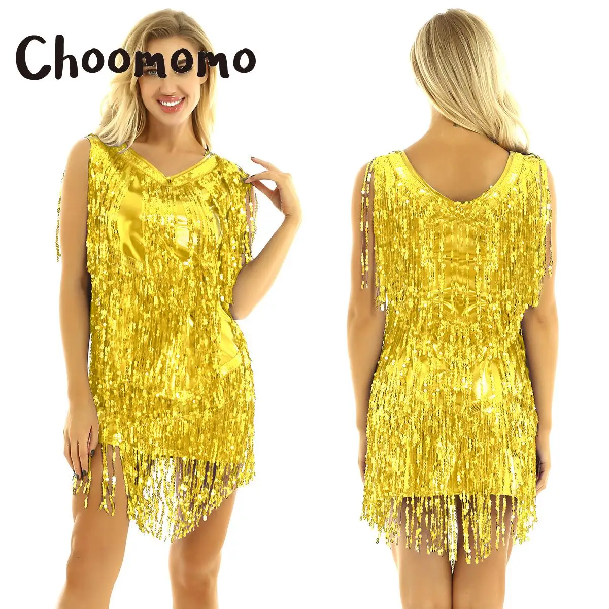 Choomomo Women Shiny Sparkling Sequin Tassels Sleeveless Dance Dress Ballroom Samba Tango Latin Dancing Stage Performance Shows