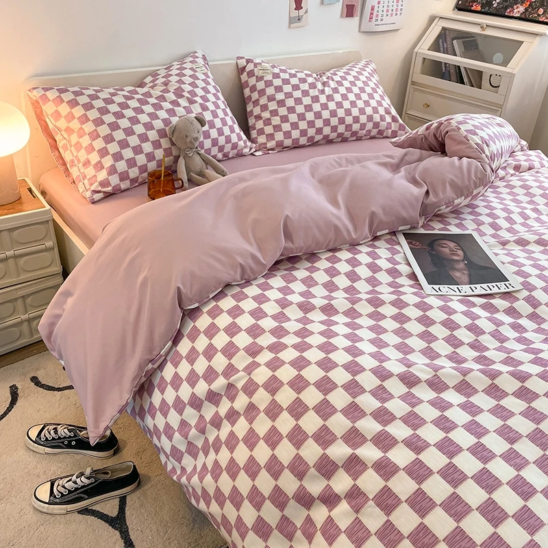 Plaid Pattern Pure Cotton Bedding Set Duvet Cover Pillowcase Flat/Fitted Bed Sheet Set Comforter Cover Bed Linens Set Queen King 3