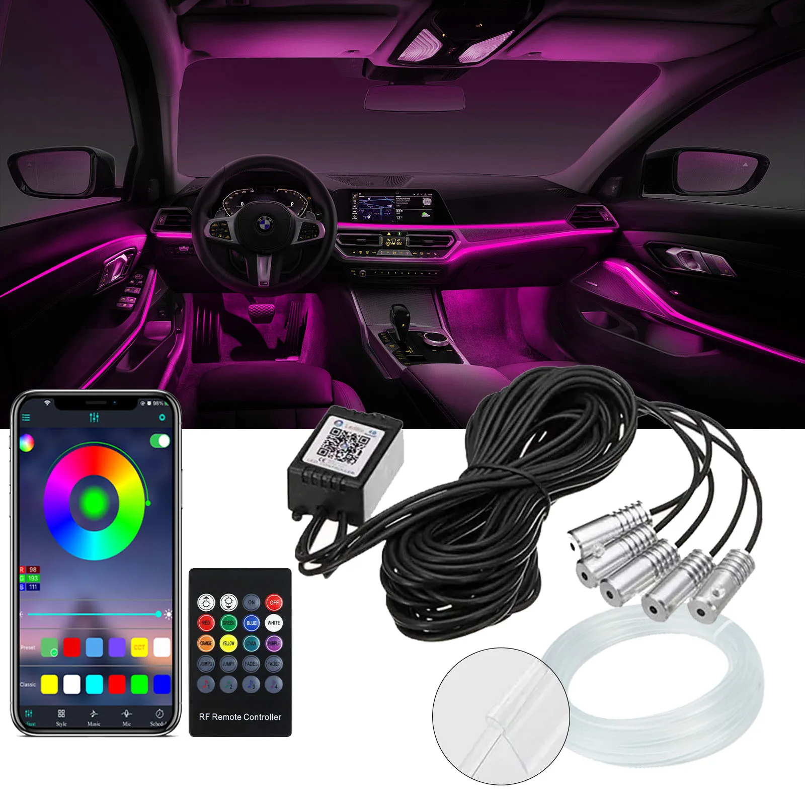 12V Led Optic Fiber Light Car Ambient Interior Light with App Control 2W RGBW Light Source with 3.0mm Tube Skirt Side Glow Cable