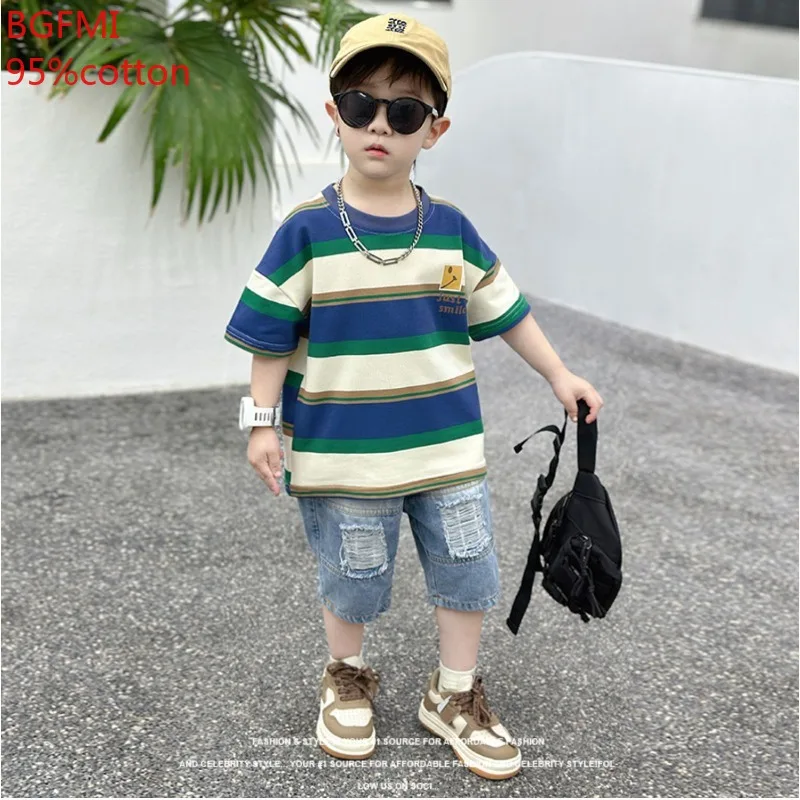 Baby Boys Clothing Children Summer Teenage Clothes Toddler Stripe Cotton T Shirt+hole Denim Shorts 2pc Sets Kids Sports Outfits