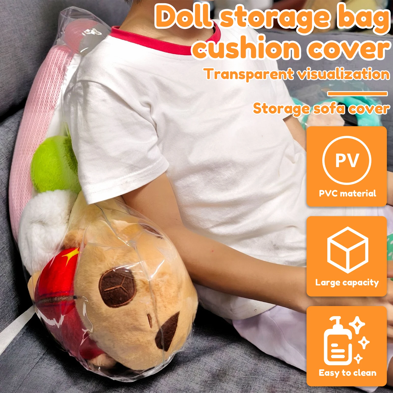 Clear Stuffed Animal Storage Back Pillow Cover PVC Waterproof Plush Toy Storage Backrest Cushion Cover 30L Clothing Storage Bag