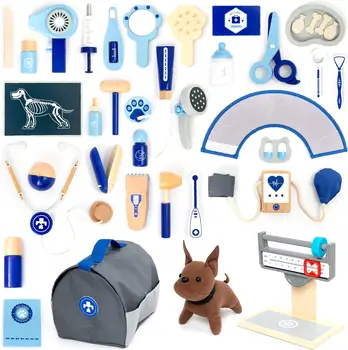 Kit Dottore per Bambini, Set Gioco in Legno 37 Pezzi per la Cura degli Animali, Giocattolo Montessori per Bambini dai 3 Anni in Su