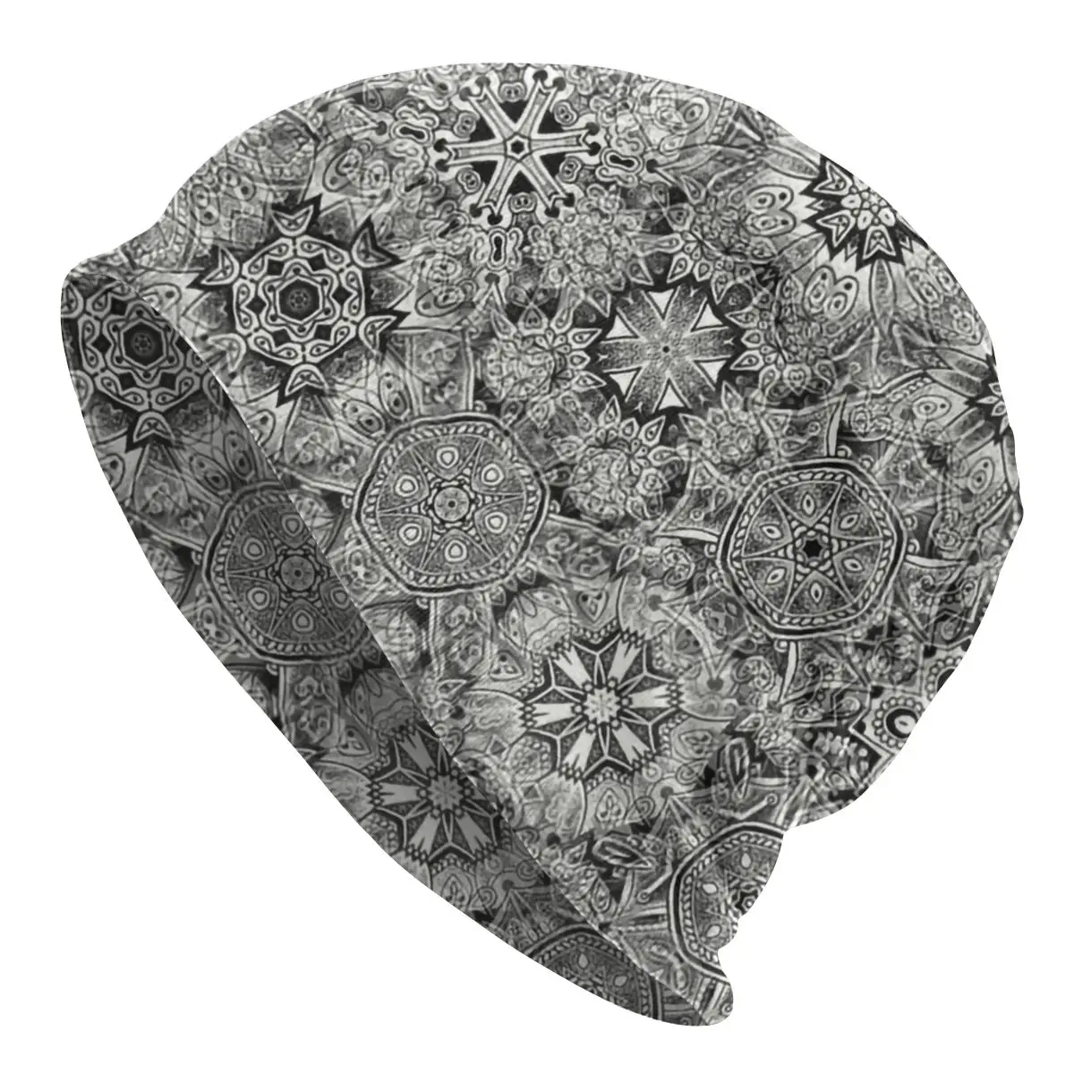 

Monochrome Black And White Psychedelic Mandala Collage Beanie Bonnet Knit Hat Adult Flower Of Life Winter Skullies Beanies Cap