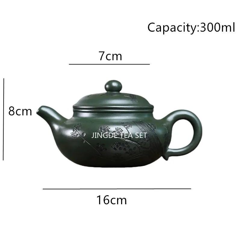 300ml Yixing Handmade Purple Clay Teapot Hand-carved Plum Blossom Pattern Tea Pot Raw Ore Green Mud Kettle Zisha Tea Set