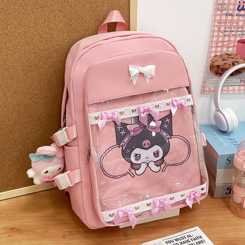 MBTI Cute Kuromi Backpack Women Nylon Pink Fashion Kawaii Casual Designer Youth School Backpacks Large Capacity Sweet Bow Bag