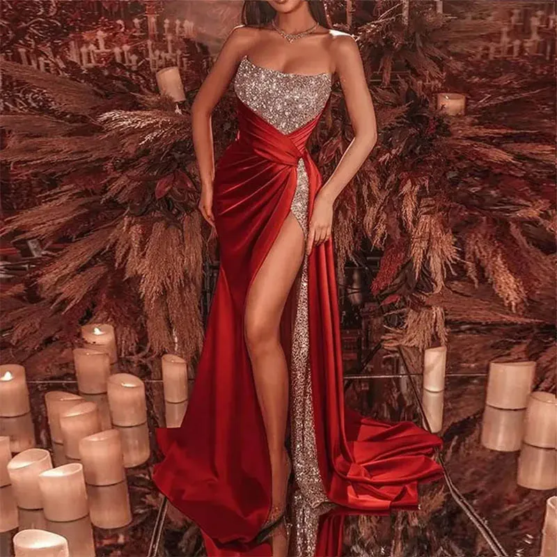 

Luxury Red Satin Sparkly Gold Sequined Evening Dresses Women High Side Split Strapless Prom Gowns Formal Party Robes