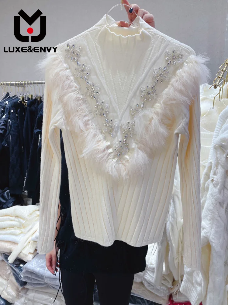 

LUXE&ENVY Winter Heavy Industry Ostrich Hair Diamond Half High Neck Long Sleeve Slim Fit Slimming Knit Shirt 2023 Autumn