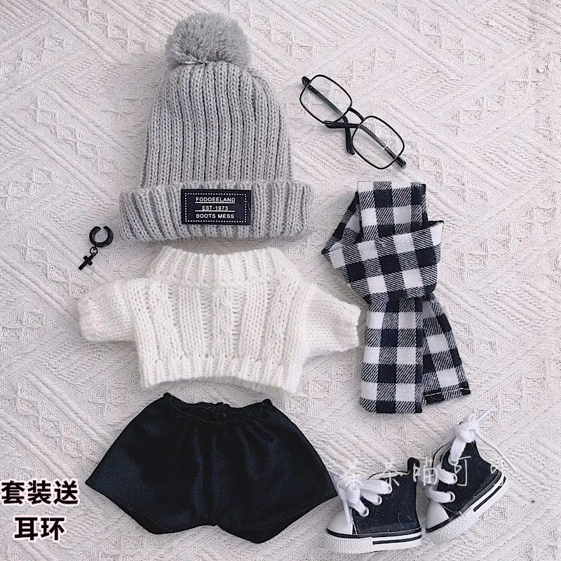 20cm Doll Clothes Gray Wool Hat Cool Artistic Style Suit Cotton Doll Clothes Fat Body Can Be Worn Fans Children Dolls Cute Gifts 3