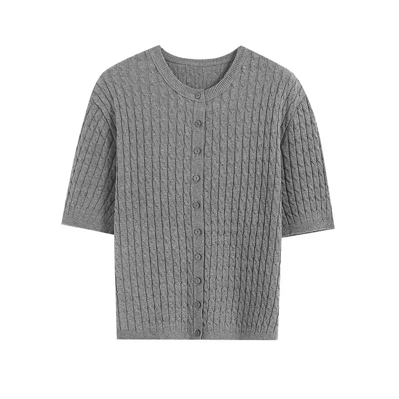 

Women's Spring 2024 New Fashion Joker Grey Slim-fit Knit Short-sleeved Cardigan Retro O-neck Button Knit Women's Chic Top