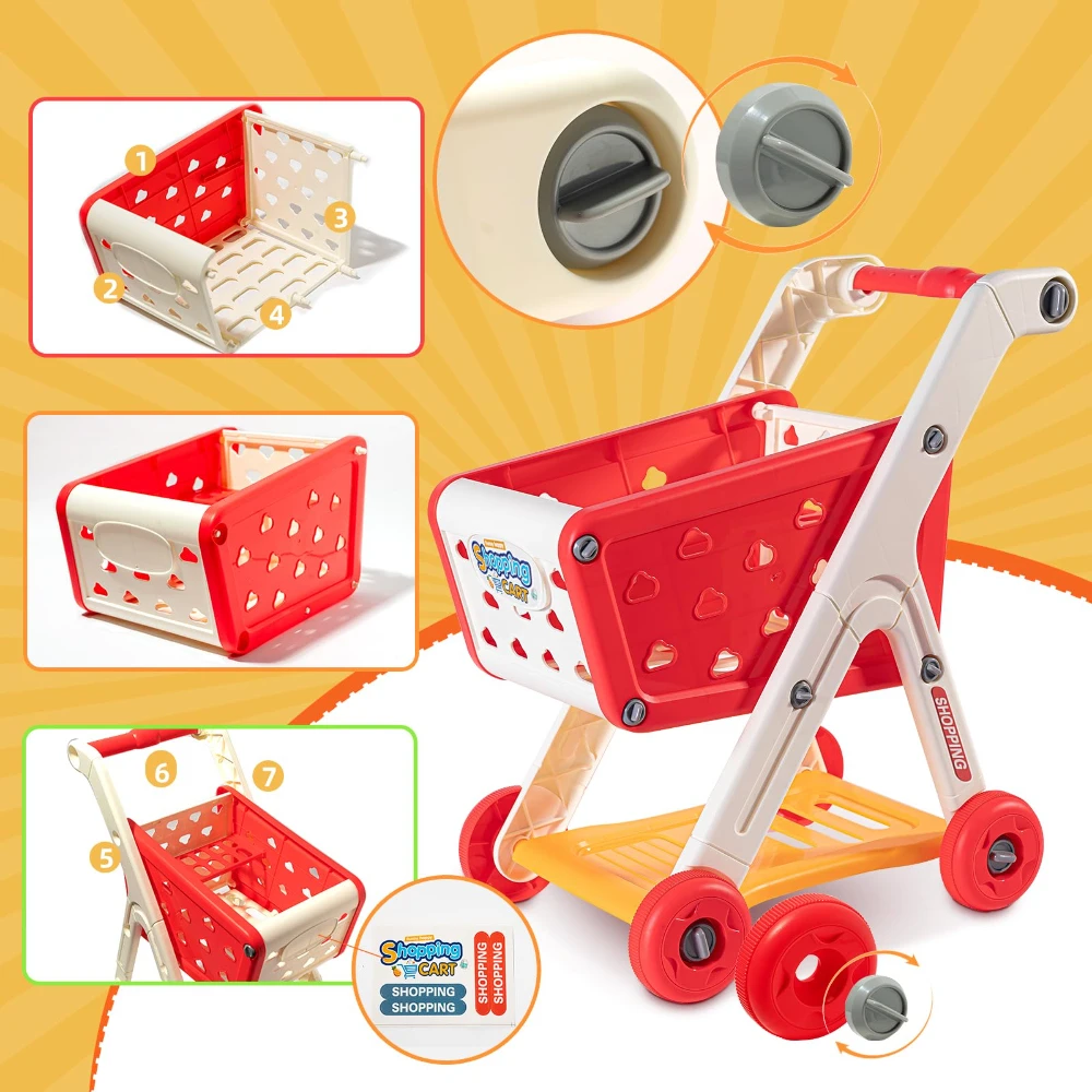 WizKidz Kids Shopping Cart Toy Grocery Trolley With Pretend Play Food Set Supermarket Playset Accessories For Toddlers Aged 3+ 2