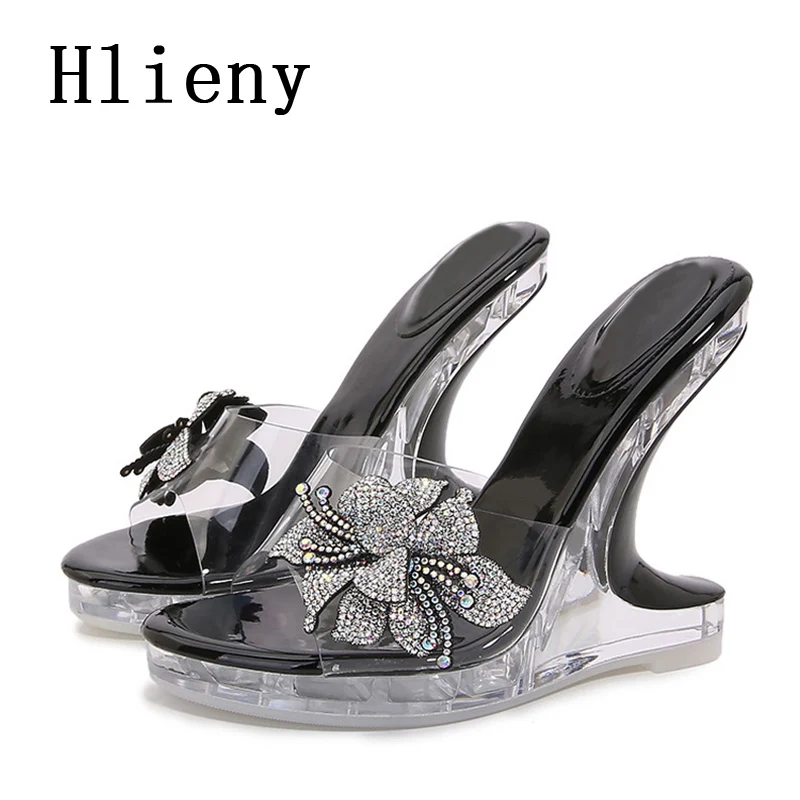 Hlieny Summer Sexy PVC Transparent Wedge Slippers Fashion Crystal Flowers Women's Sandals Strange High Heels Platform Shoes