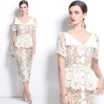 White Elegant Dress Womens Large Collar Short Sleeved Lace Waist Cinching Slim Fit Dress Belt 1