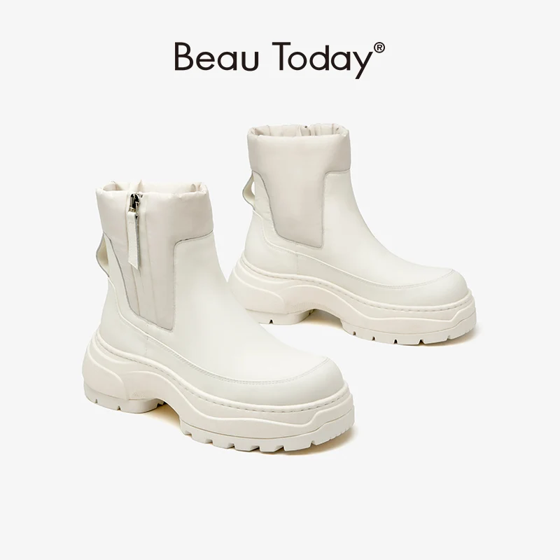BeauToday-앵클 부츠 수제 패브릭 라운드 토 구두 여성용, 두꺼운 밑창, 사이드 지퍼, 통굽, 숙녀 신발, 08039