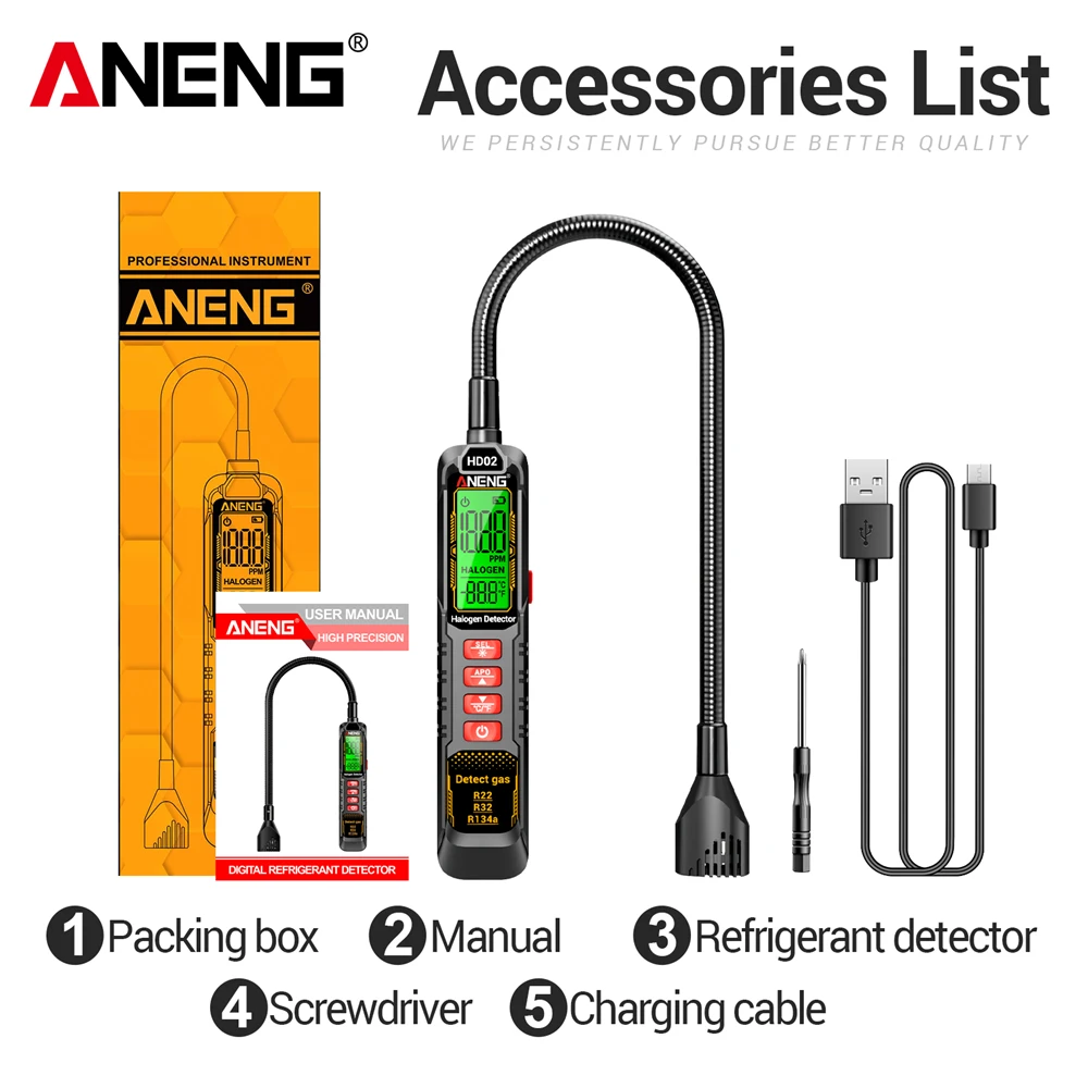 מגלה נזילות הלוגן R22/R32/R134a ANENG מנתח גז נטען HD02 כלי בדיקת גז מקרר מזגן