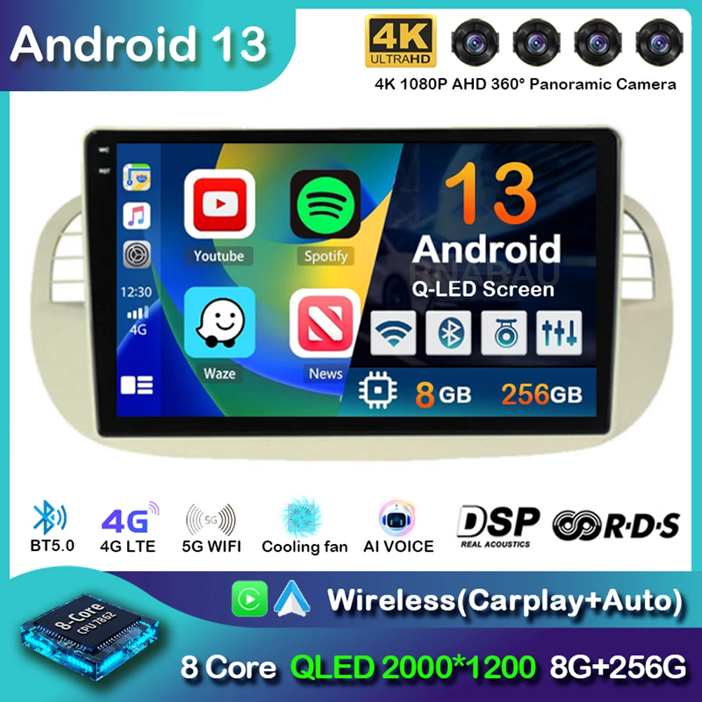 Android 13 Carplay Autoradio Per Fiat 500 Navigazione Gps Controllo Volante Lettore Multimediale Wifi + 4G Stereo 2Din 2 Din