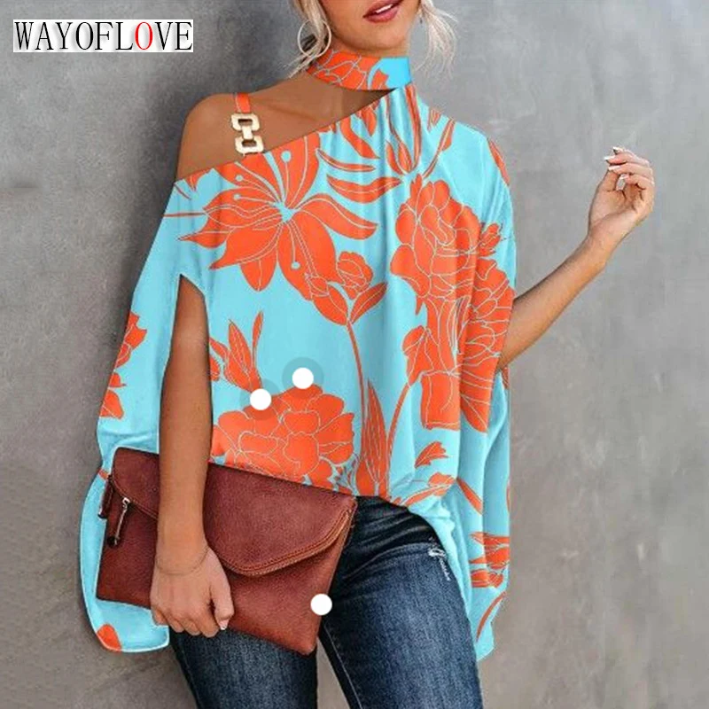 

WAYOFLOVE Summer Bat Sleeve Tops Print Lady Shirt Women Loose Off The Shoulder Chain Spliced Suspenders Blouse Blusa Mujer Moda