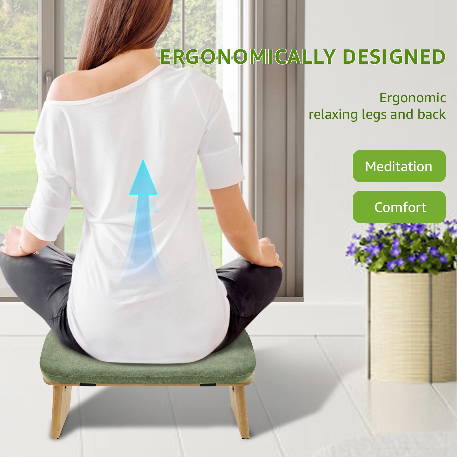 Portable Yoga Bench Folding Bamboo Kneeling Stool with Cotton Cushion Ergonomic Sitting Practice Prayer Bench Meditation Stool
