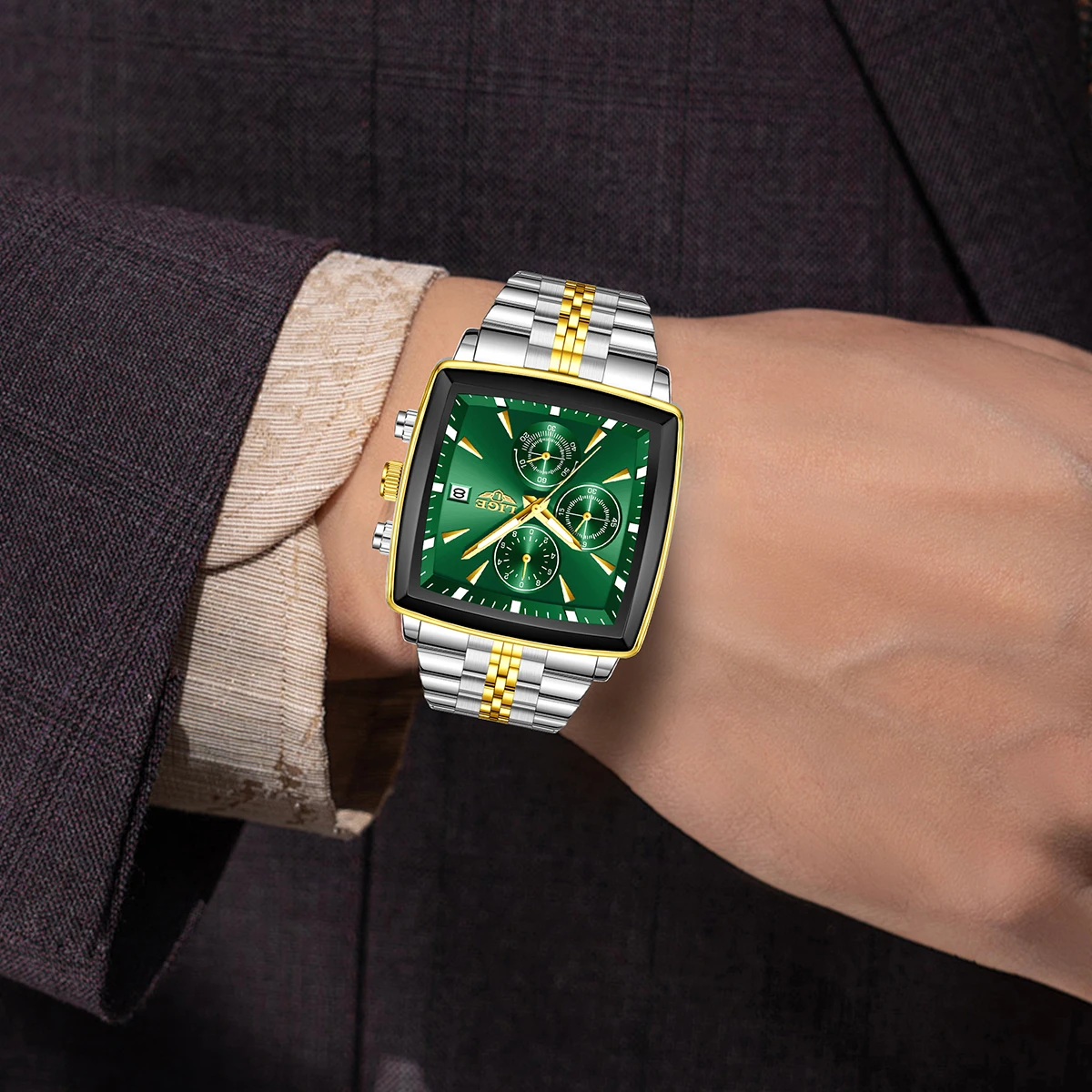 LIGE Fashion Men's Luminous Waterproof Chronograph Wristwatch with Date Function - Square Quartz Design, Includes Box