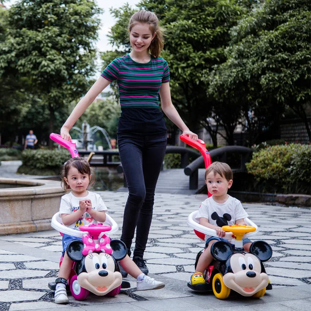 Disney Four Wheel Children's Baby Walker Bicycle Outdoor Riding Toys Car Baby Stroller Mickey Mouse Minnie Twist Car Kids Gifts 4