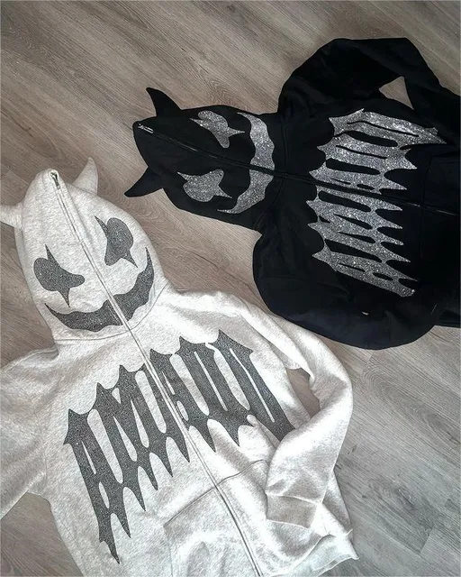 Men Y2K Fashion Hoodie Monster Horn Rhinestones Hoodie