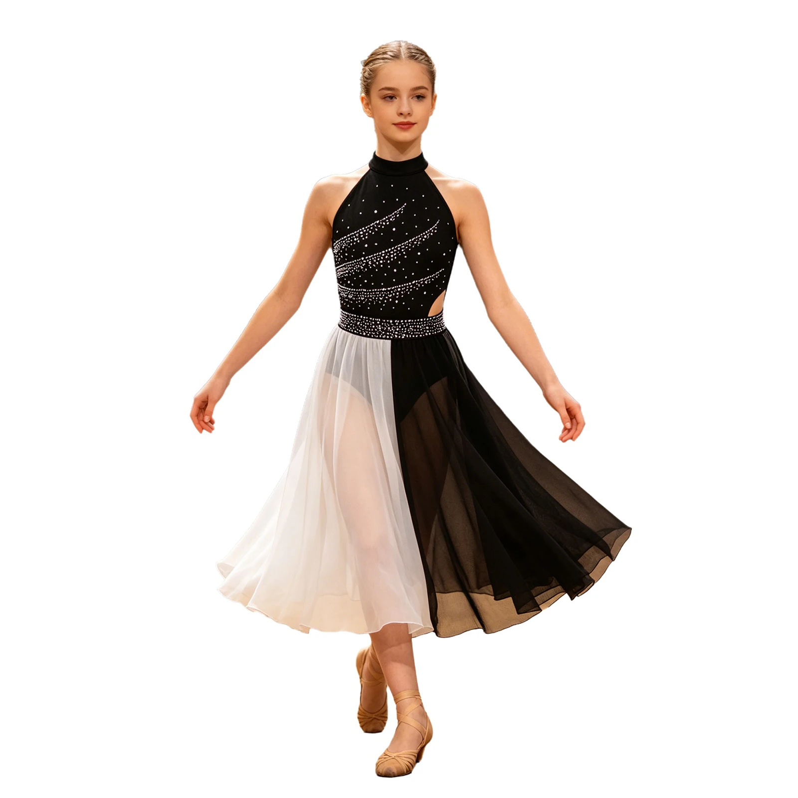 Mädchen Tanzkleid für Lyrischen und Zeitgenössischen Tanz, Ärmellos mit Strass, Seitenschlitz, Chiffon Eiskunstlauf Ballett Gymnastik Trikot – Detail 15