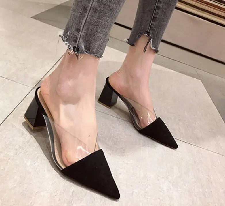 Summer Women's Pointy High Heels Half Support Transparent Fashion Thick Heel Sandals Root Women's Shoes