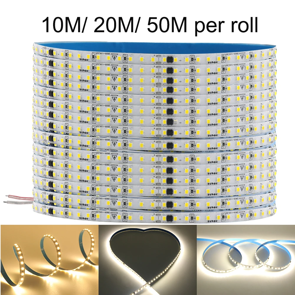 10m 20m 50m Roll LED Strip Light 220V 2835 120LEDs 8mm Flexible Adhesive LED Tape RA90 Waterproof White/Warm White/Natural White